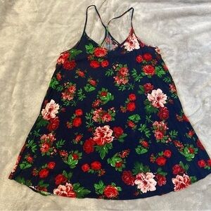 Ambiance Navy Floral Babydoll Trapeze Dress Spaghetti Strap Racerback M
